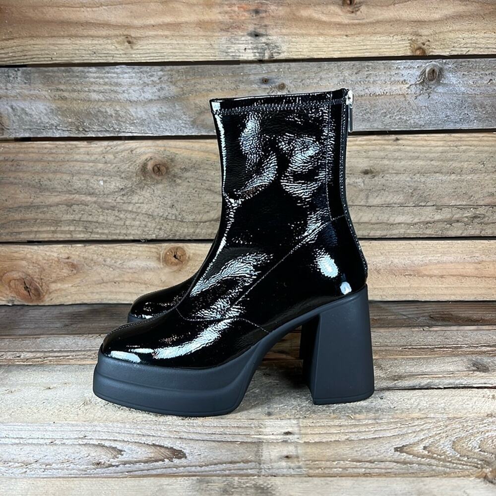 Free People Black Patent Platform Block Heel Ankle Boots